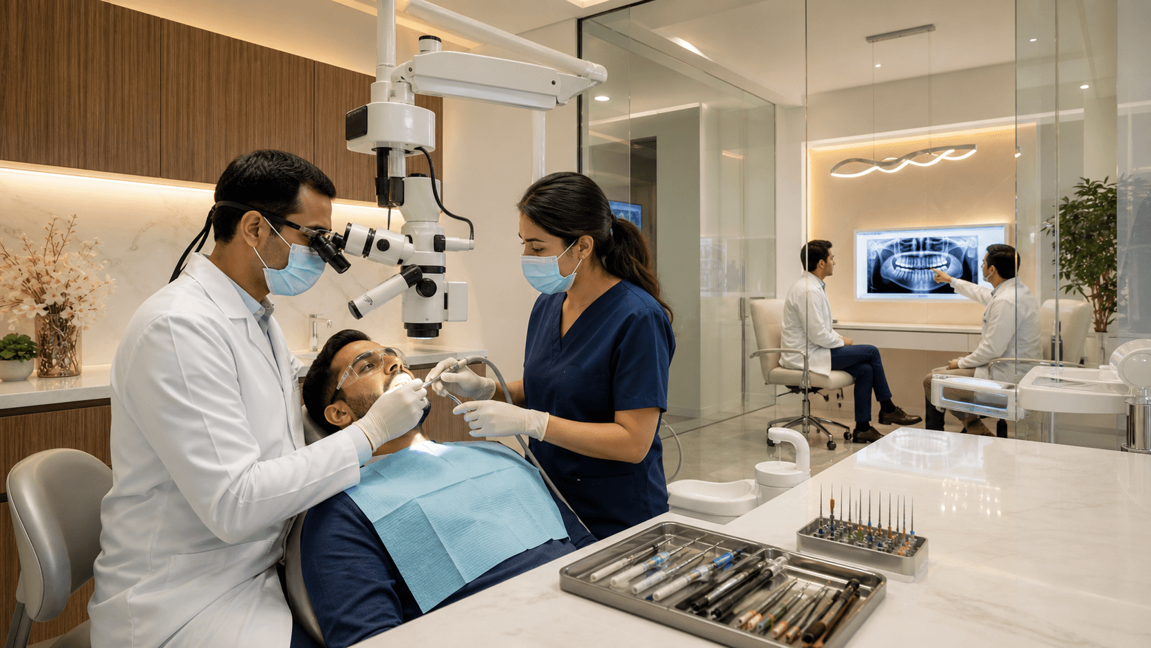 Close-up of a dentist in blue gloves examining an X-ray beside a patient, with bright clinical lighting.