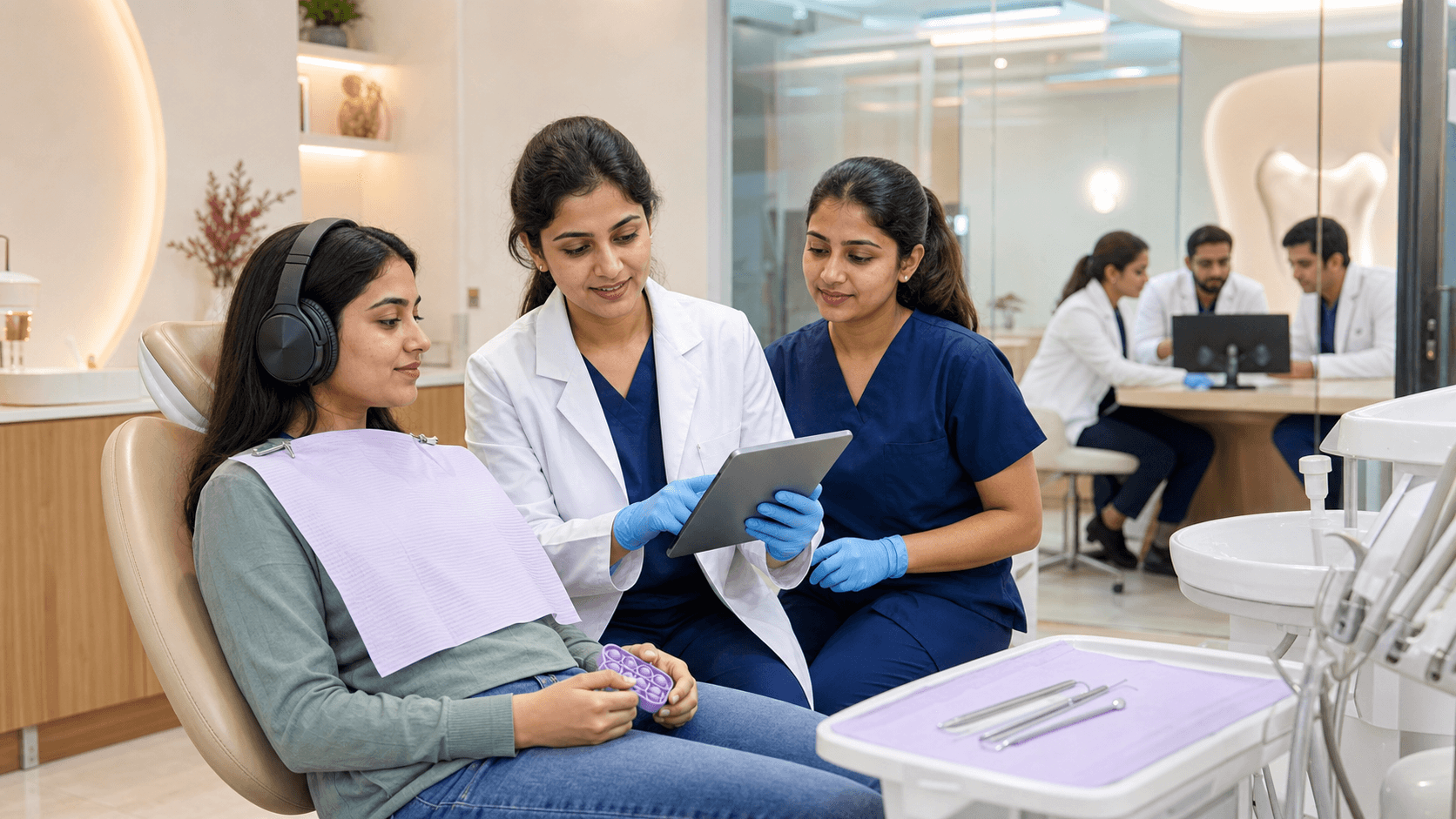 Smiling dentist in a white coat comforts a child in a dental chair in a bright blue clinic with dental tools nearby.