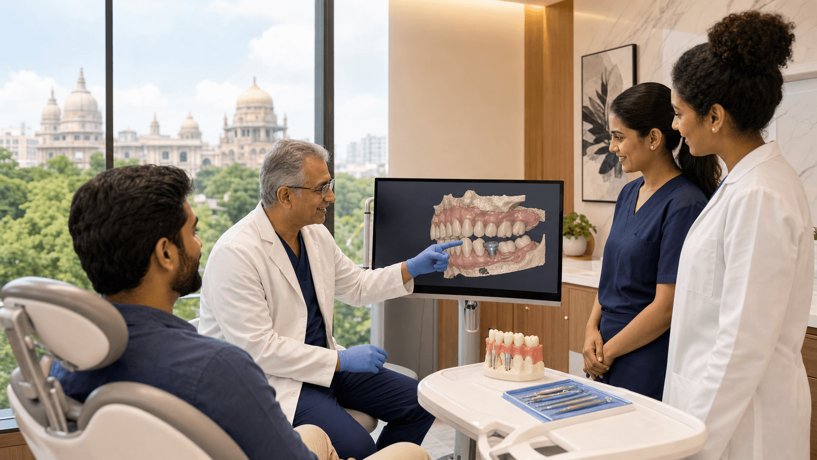 Smiling dentist in blue scrubs points at a dental implant X-ray on a tablet in a bright white clinic.