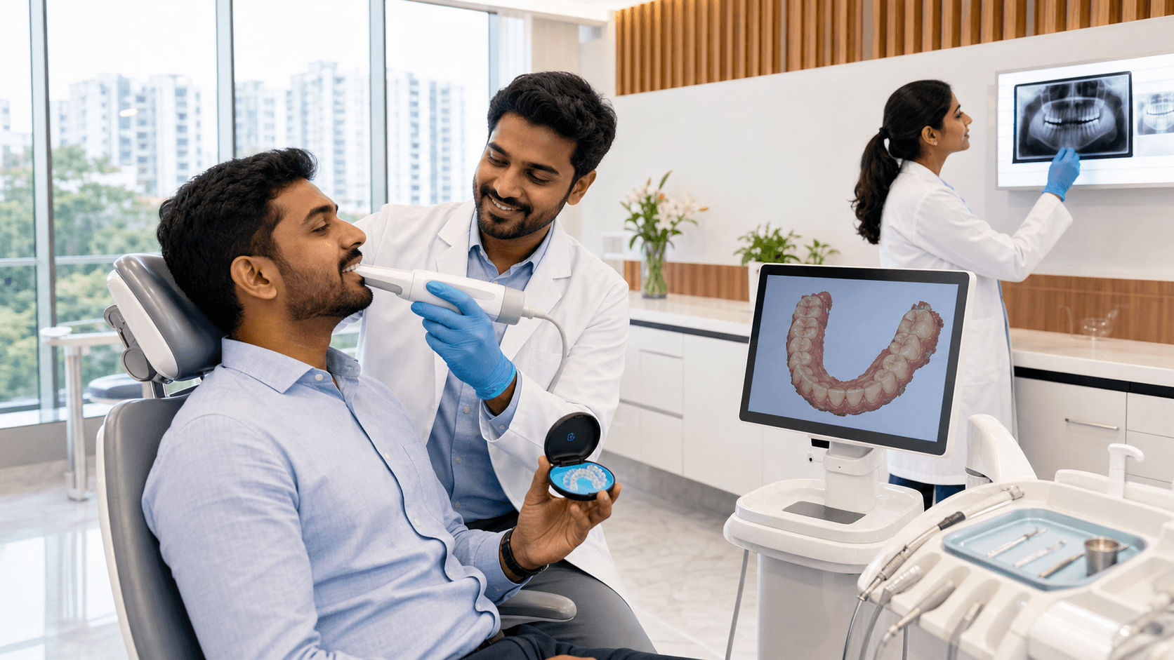 Smiling adult in a dental chair as an orthodontist shows clear aligners, bright white clinic with blue accents.