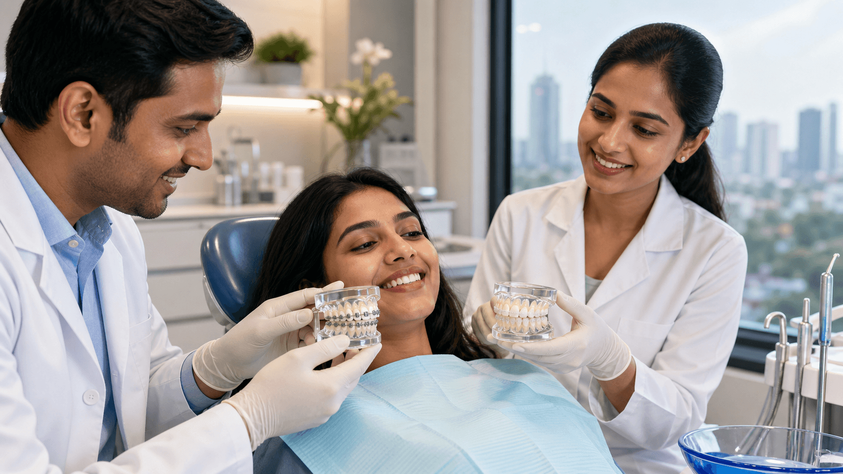 Smiling person in a dental chair holding metal and clear braces models, bright clinic lighting and clean white background
