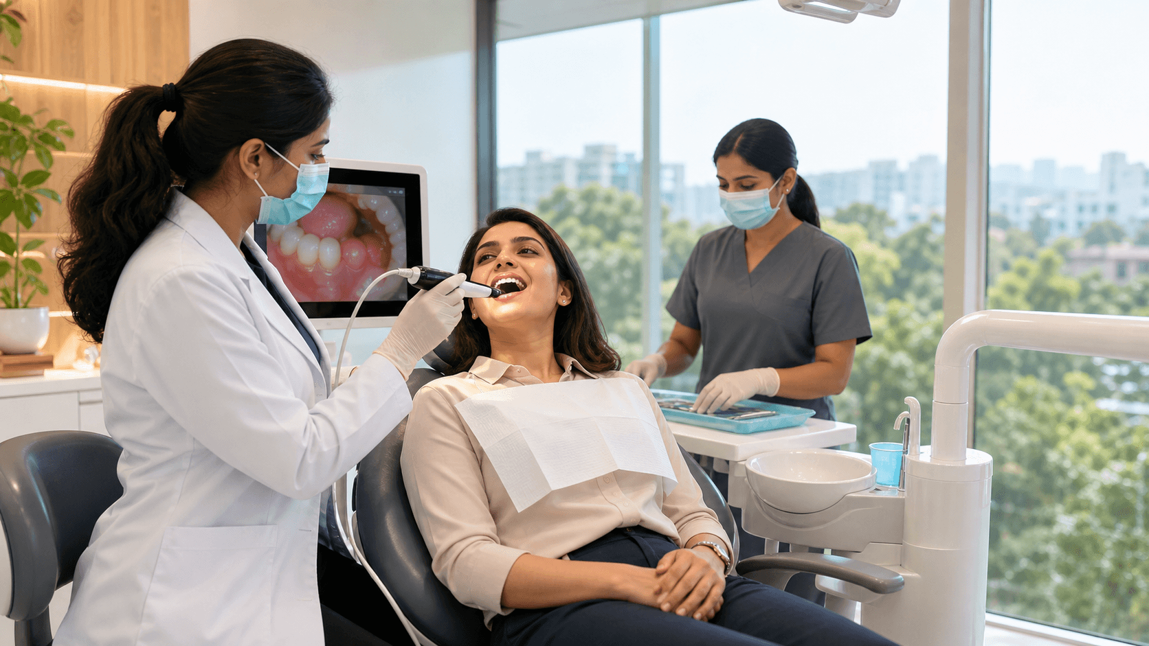 Dentist in a white coat examines a patient’s teeth in a bright modern clinic with blue accents.