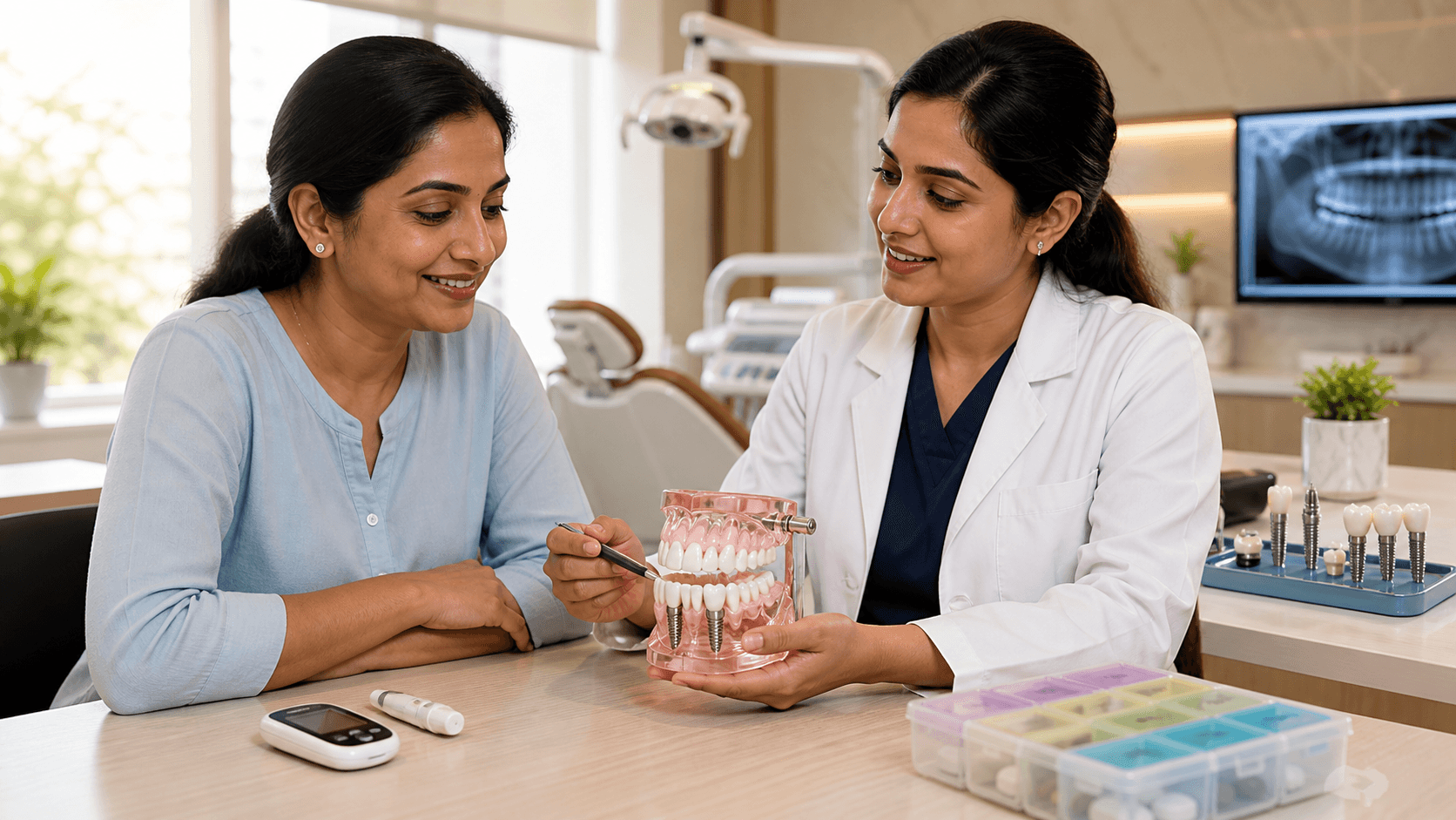 Smiling diabetic patient consults a dentist beside a jaw implant scan in a bright modern clinic.