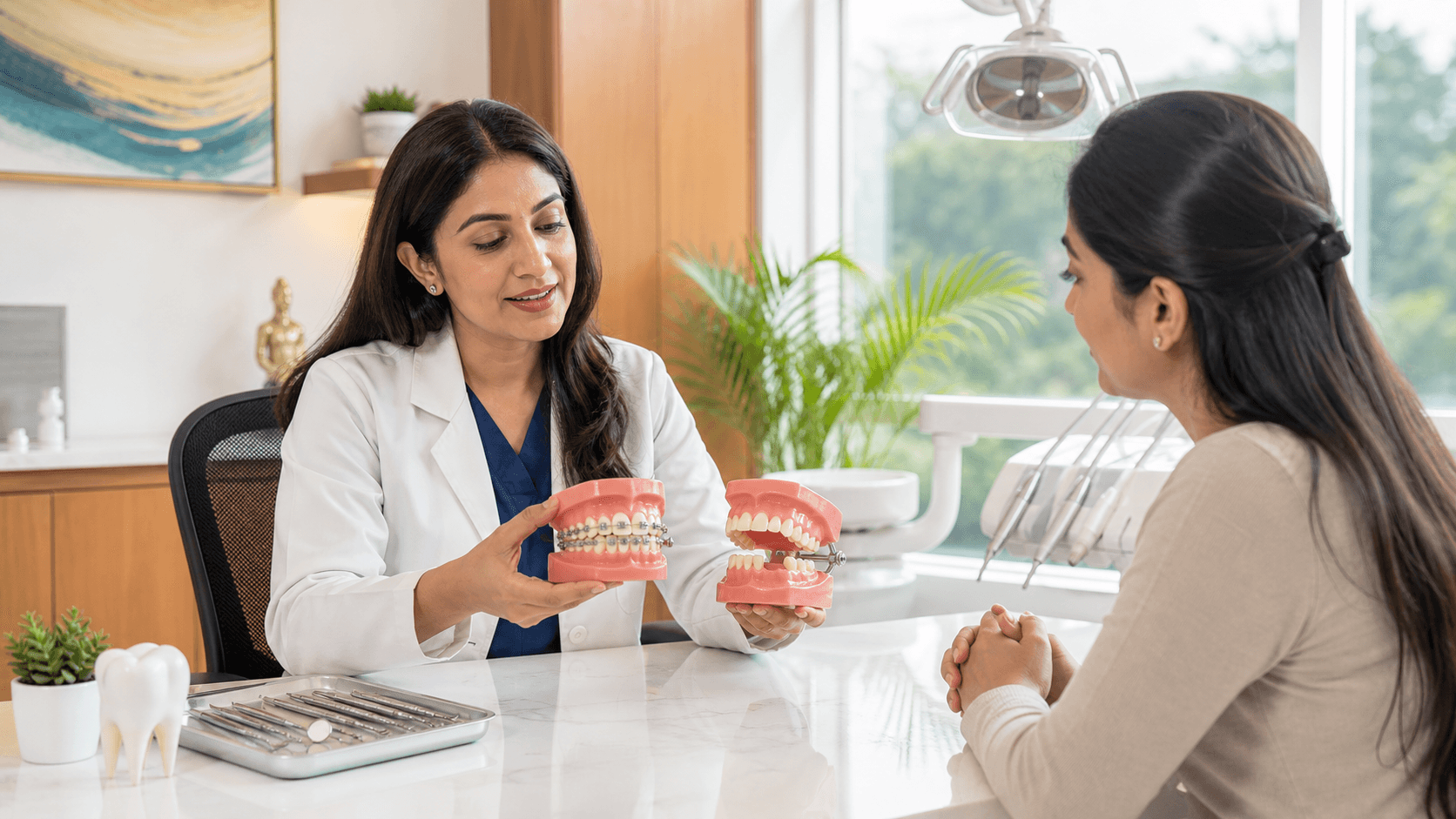 Pediatric dentist examining a child’s teeth beside orthodontic braces and a space maintainer model in a bright clinic.