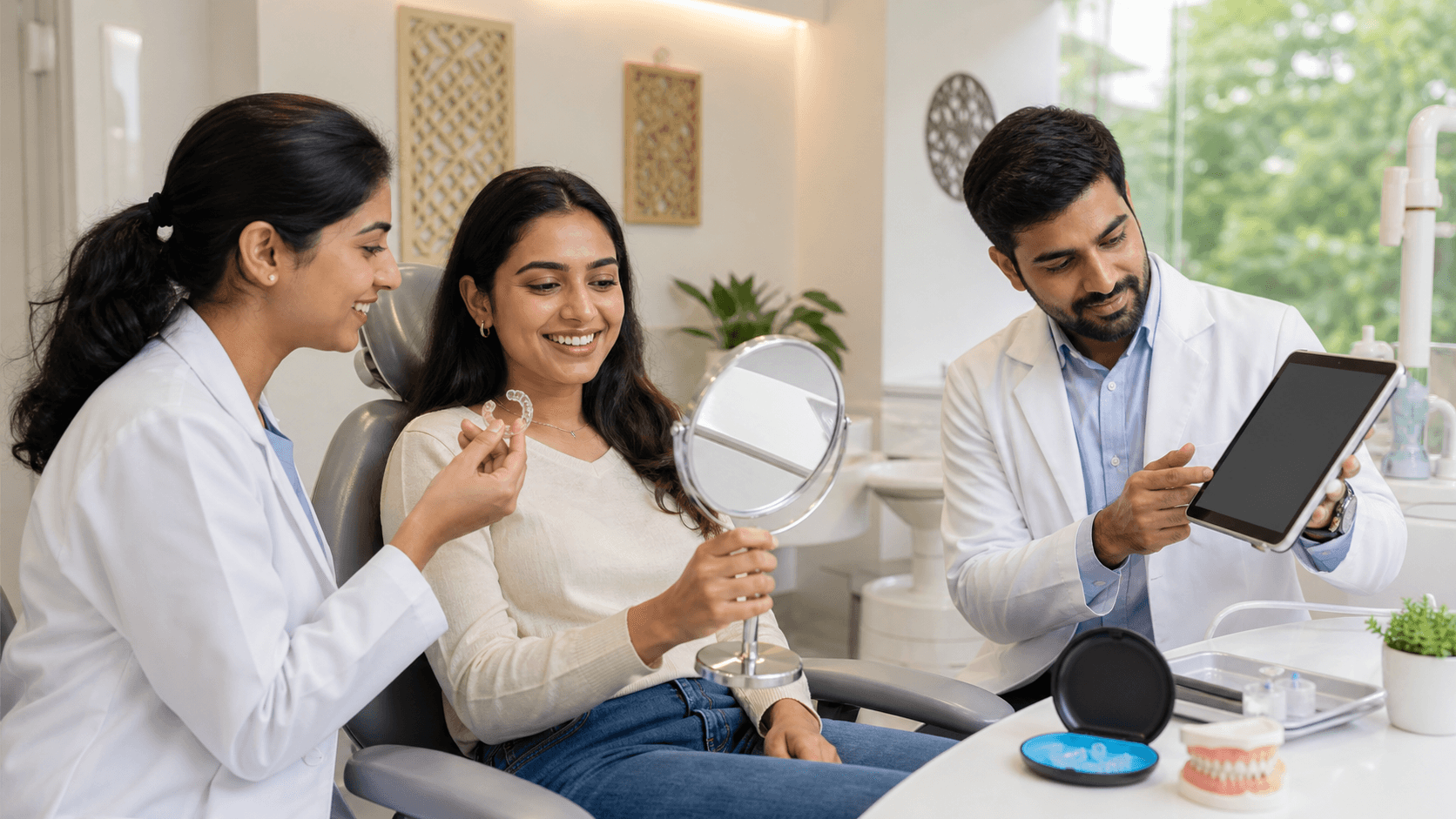 Smiling teen in a dental chair with clear aligners, bright clinic lighting, dentist adjusting tray in close-up.