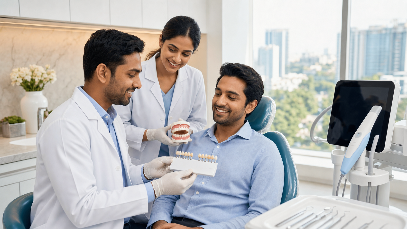 Smiling woman in a dental chair under bright clinic lights as a dentist examines her teeth with a mirror.
