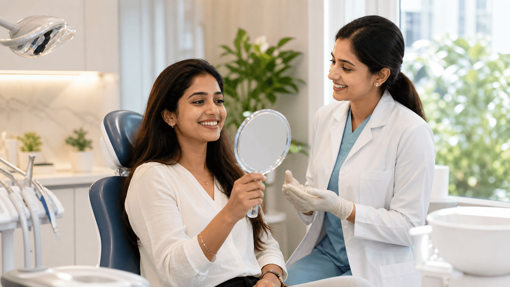 Dentist in a white coat examines a smiling patient in a bright, modern clinic.
