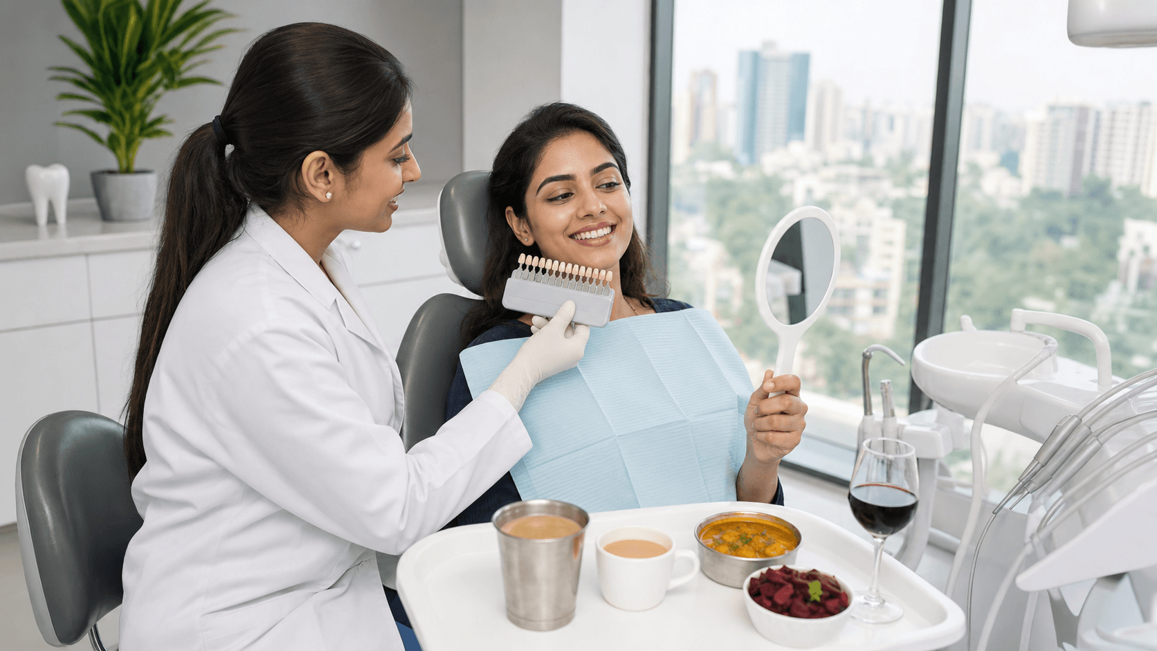 Bright flat lay of a white tooth and whitening tray beside coffee, tea, curry, and berries on a light background