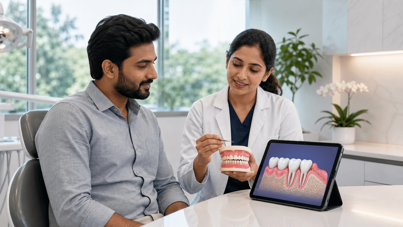 Dentist in a white coat examines a patient’s gums in a bright, modern clinic.
