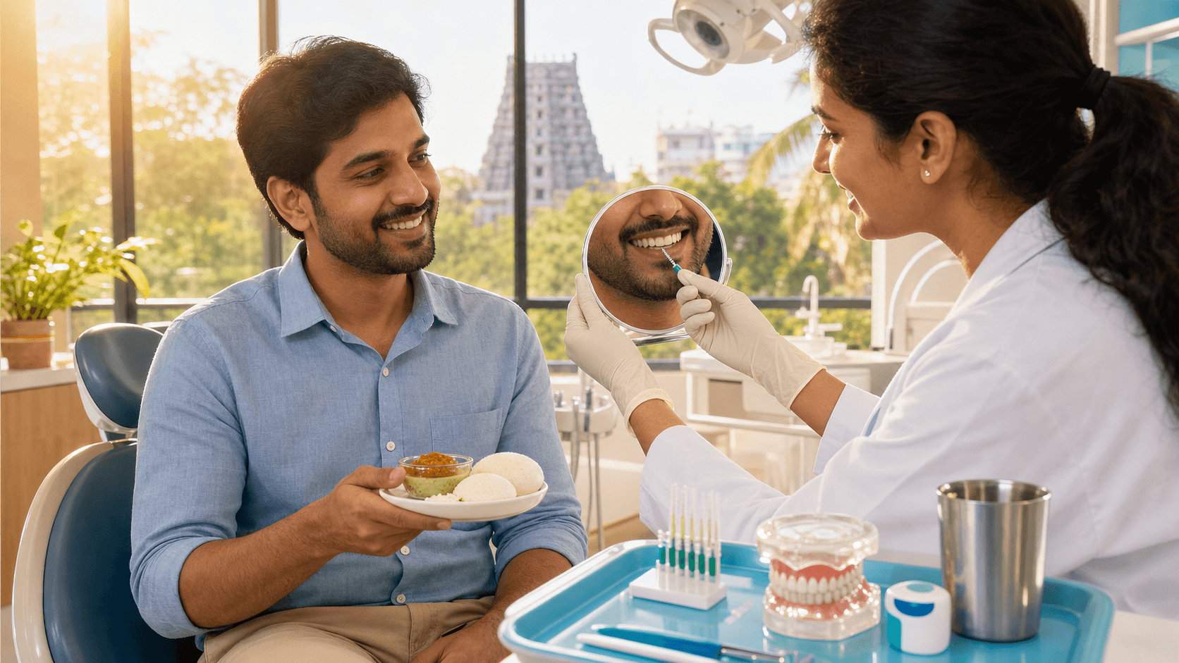 Smiling person holding dentures near a plate of colorful Indian food on a sunlit table, warm tones and soft focus.