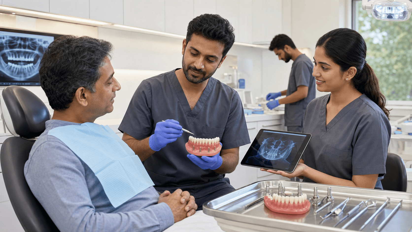 3D dental model showing four implants supporting a full-arch bridge, with gums and teeth in pink and white on gray.