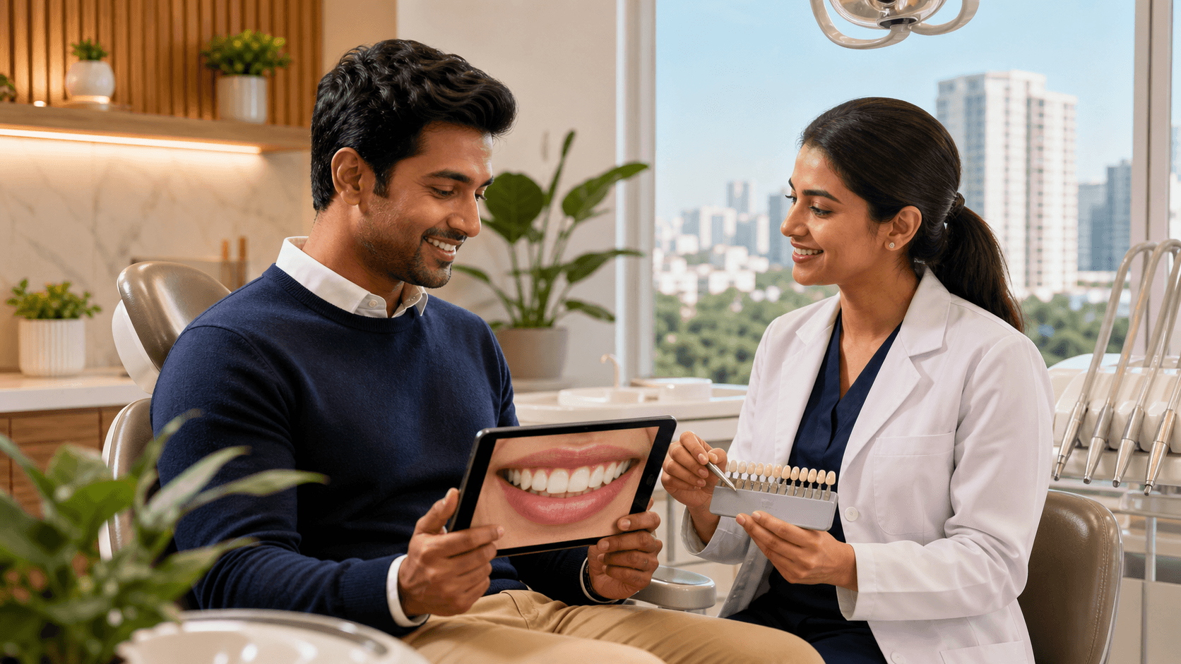 Smiling woman in a bright dental clinic as a dentist compares tooth shade samples.