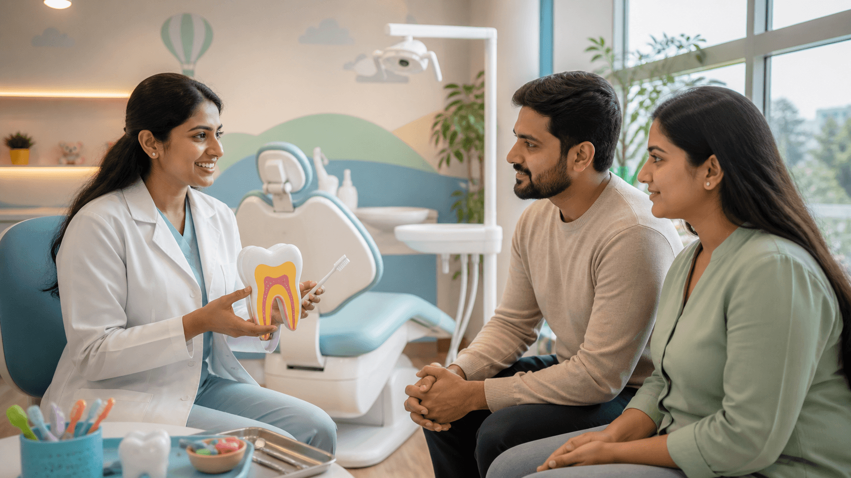 Smiling child in a dental chair with a friendly dentist, colorful wall art, and bright clinic lighting.