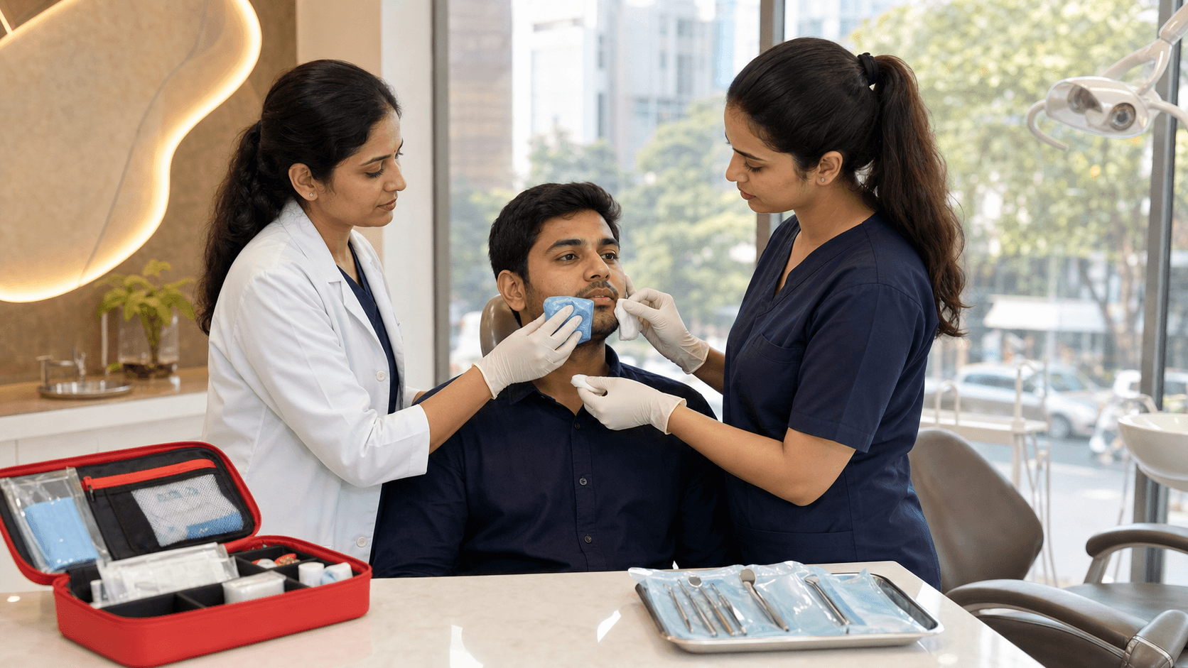 Dentist holding a tooth model beside dental tools and gauze on a white tray, bright clinic lighting.