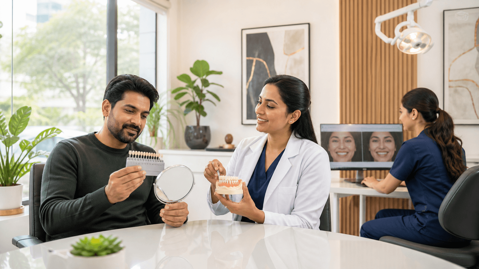 Smiling woman in a dental clinic consults with a dentist beside a teeth shade chart.