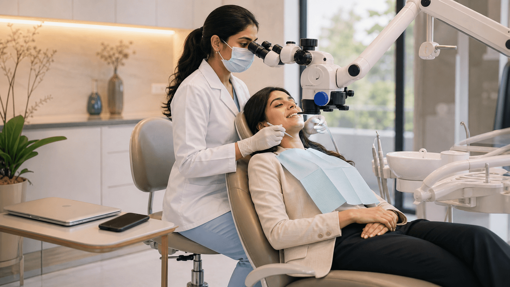 Dentist in white coat consults with a smiling professional patient in a bright modern clinic.