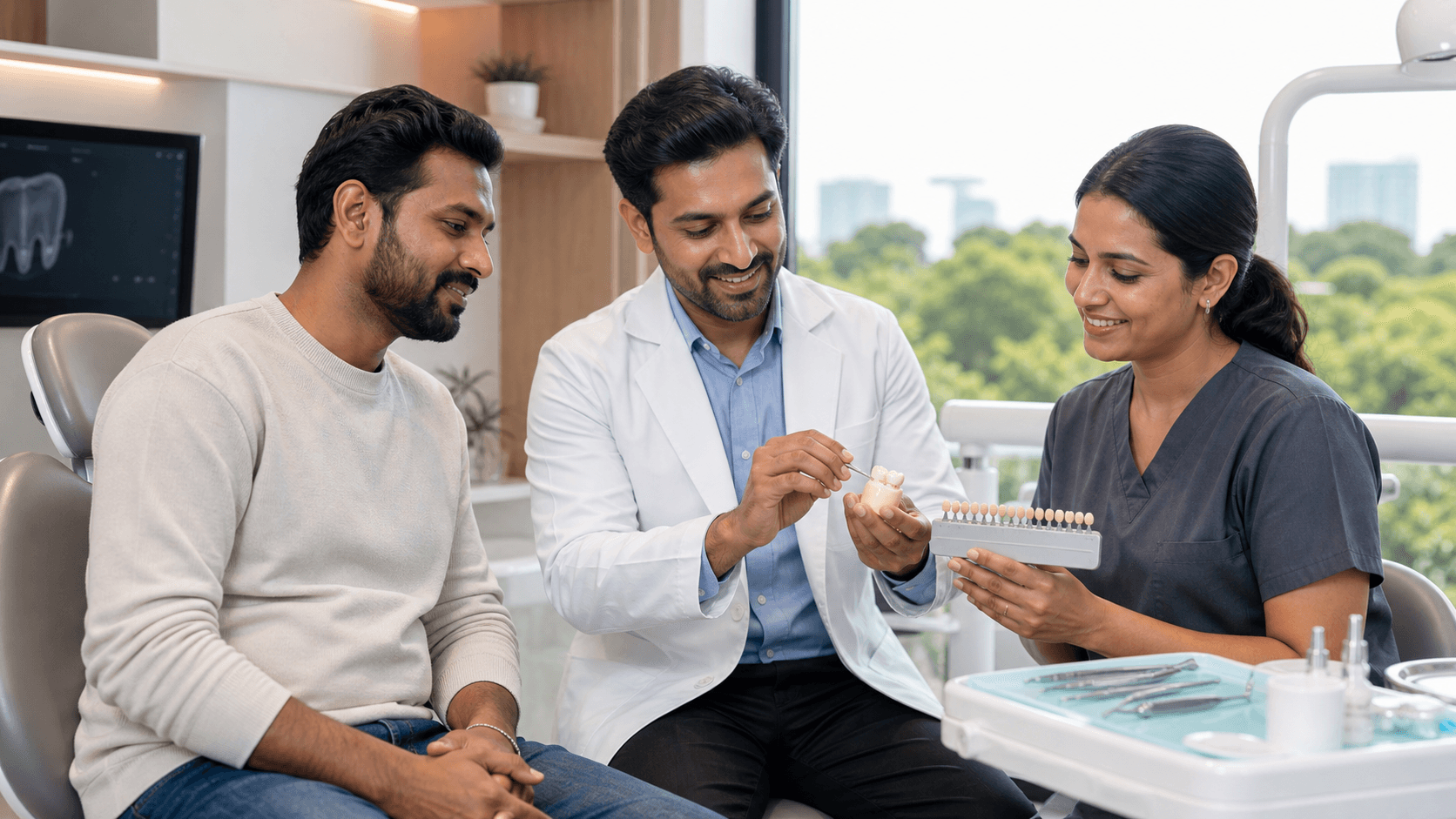 Dentist examines a smiling patient’s teeth beside a digital dental crown model in a bright modern clinic.