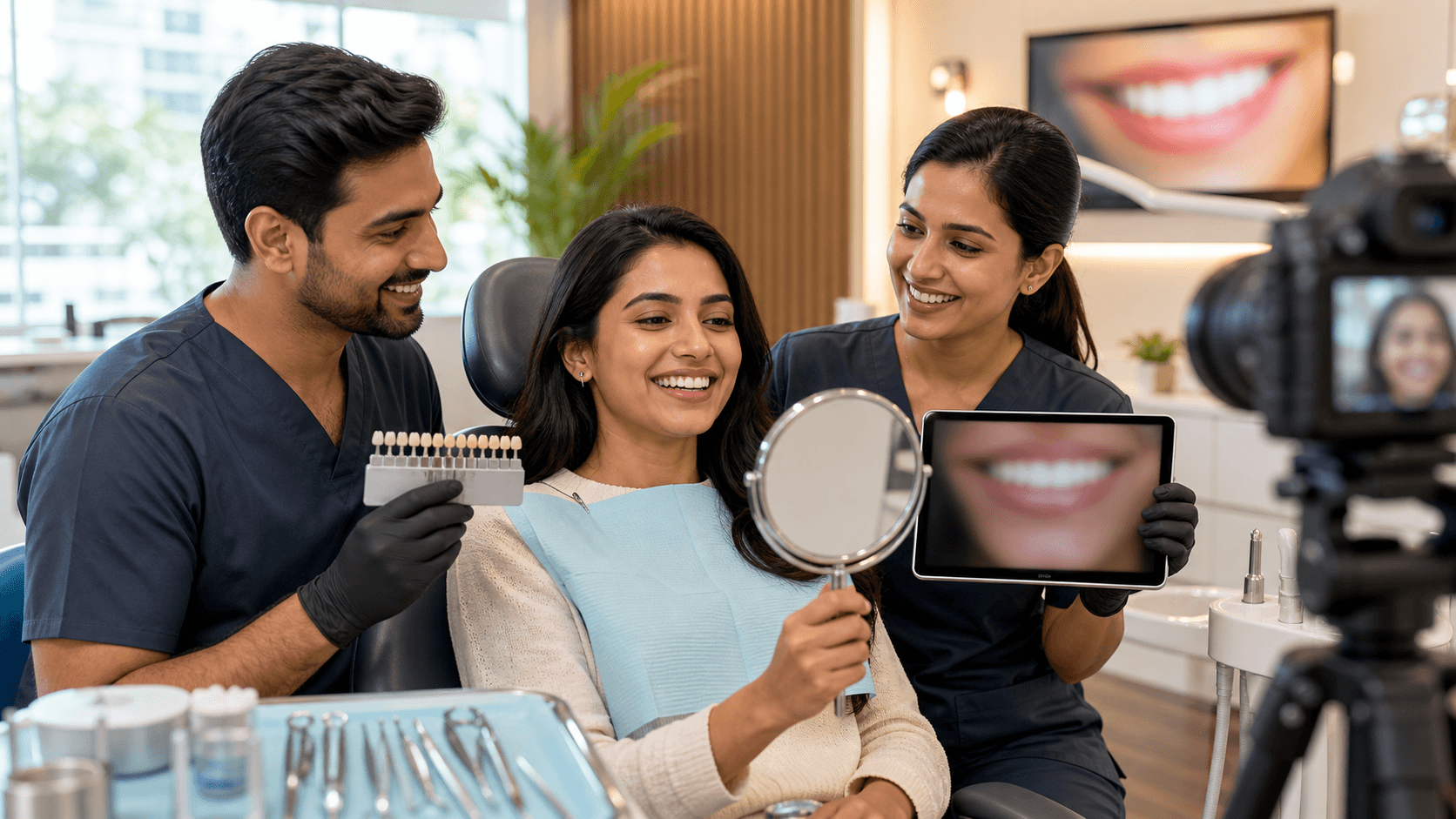 Close-up of a smiling mouth with bright white veneers, dental tools and a clipboard on a blue clinic background.