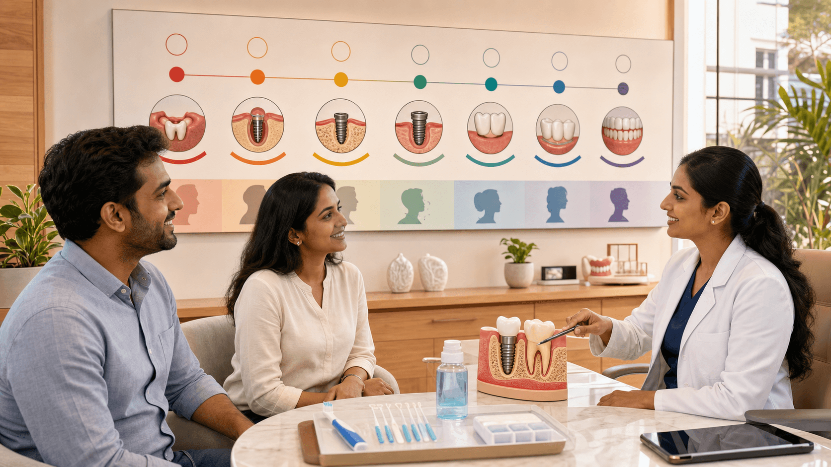 Minimalist blue-and-white dental implant with a calendar timeline, checkmarks, and week-to-month labels on a clean backdrop