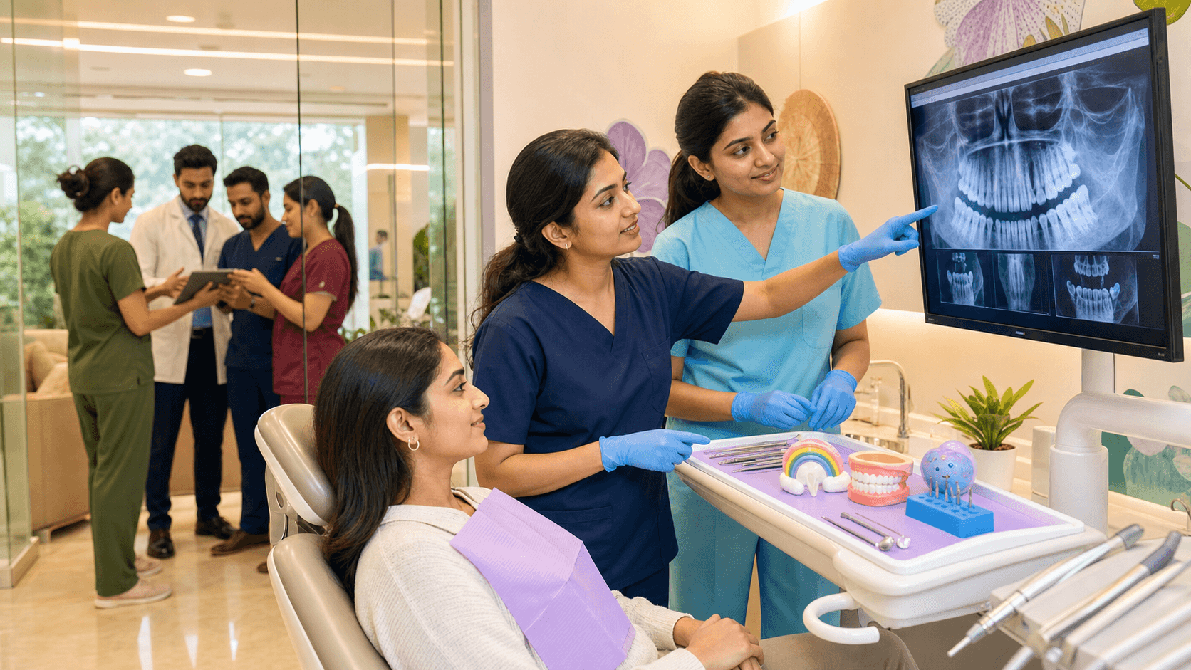 Smiling child in a dental chair as a dentist examines teeth under bright clinic lights, with pastel walls and tools.