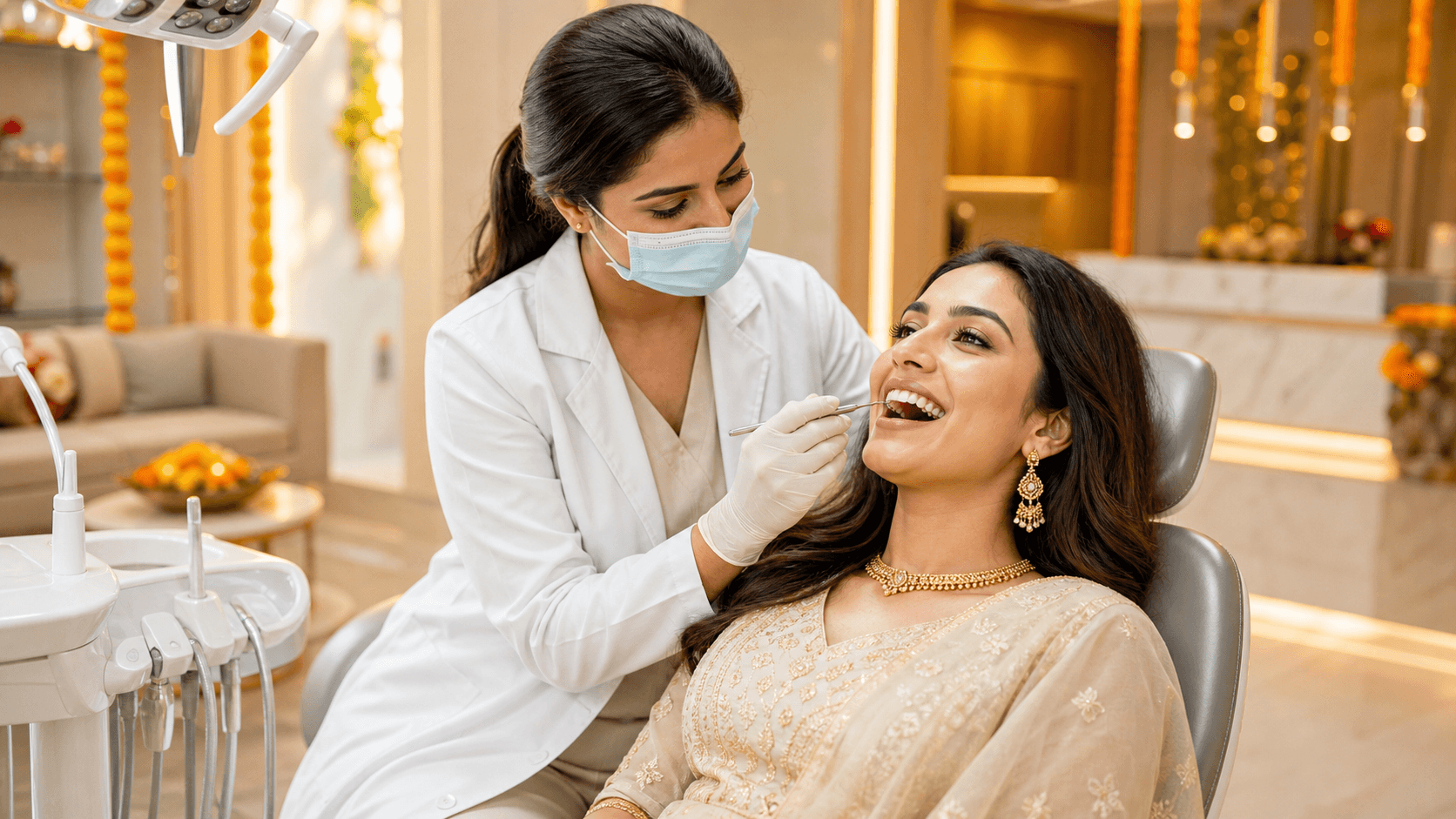 Smiling woman in a bright dental clinic as a dentist examines her teeth with overhead light.