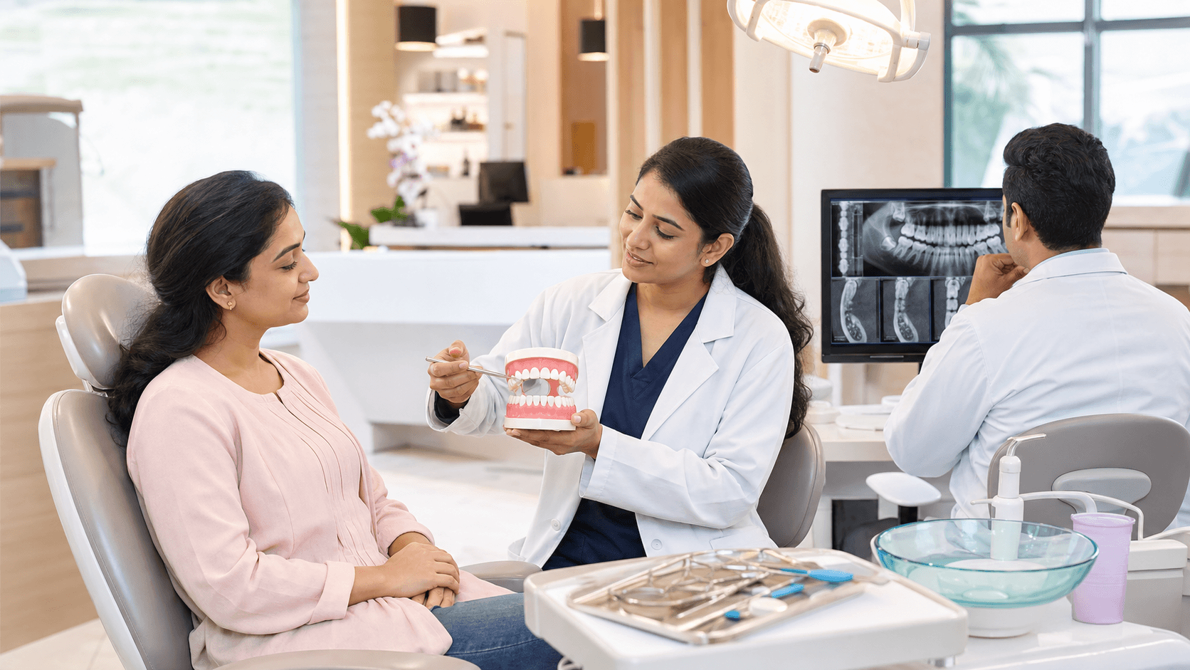 Smiling child in a dental chair under bright clinic lights, dentist holding mirror and tools in a clean white room