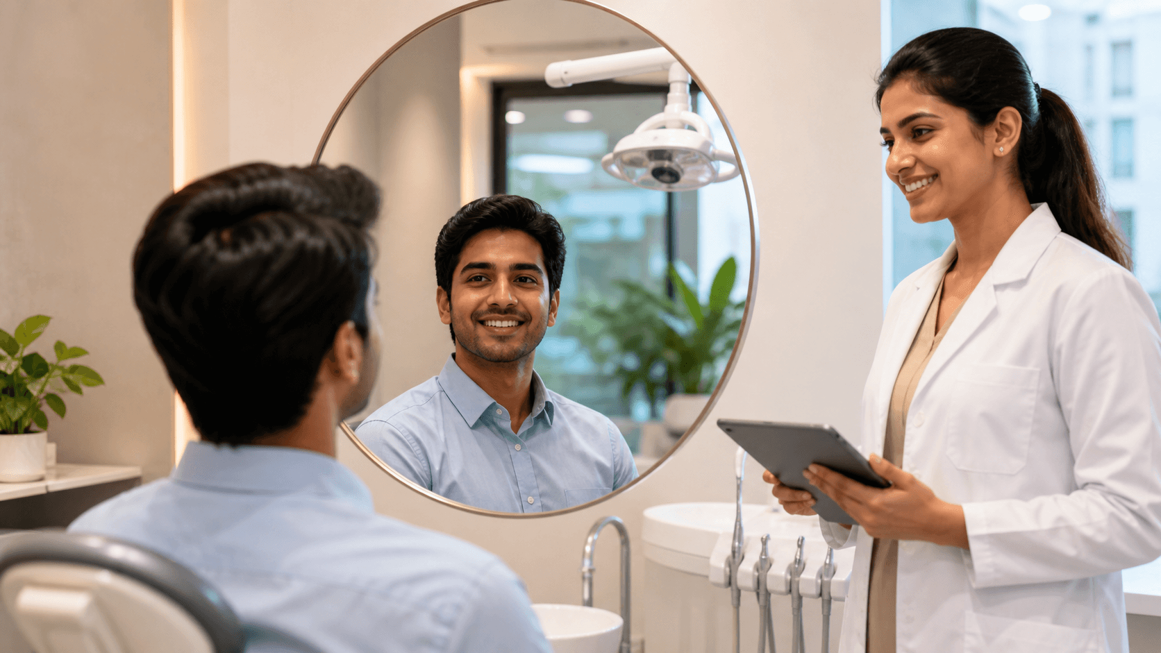 Young professional smiling softly in a bright modern clinic, with warm beige tones and natural window light.