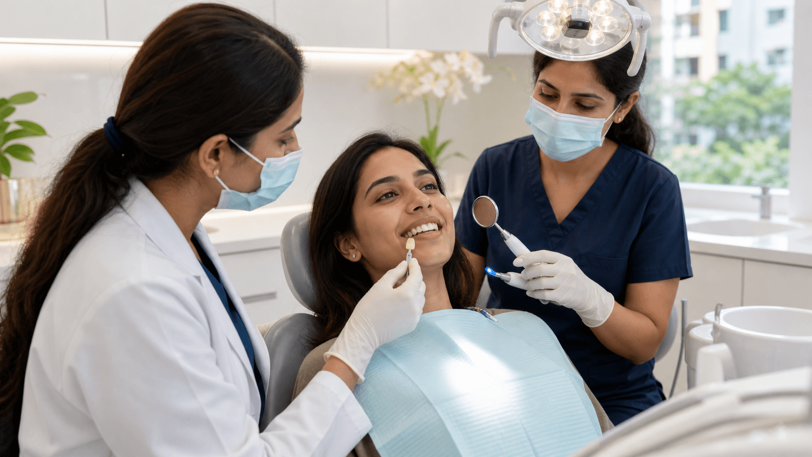 Close-up of a dentist matching a white filling shade to a patient’s teeth under bright clinic lighting.