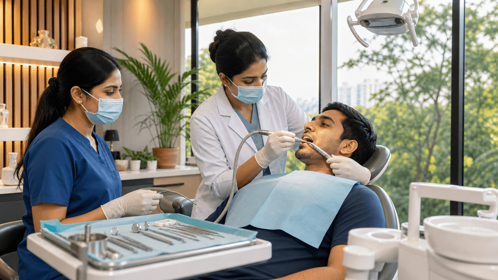 Dentist in mask cleaning a patient’s teeth with a scaler in a bright white clinic, close-up with blue accents.