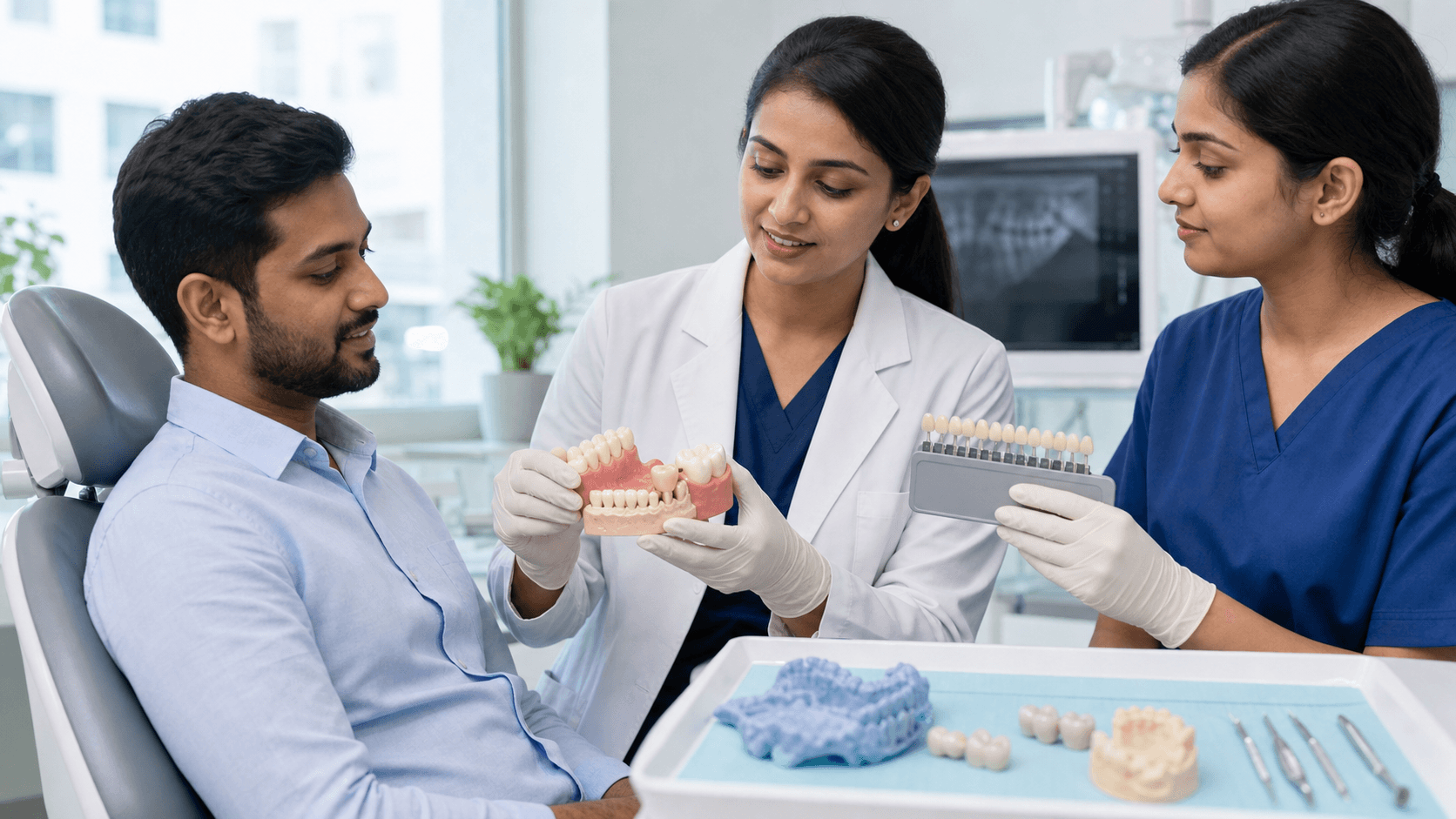 Smiling woman in dental chair as dentist holds tooth model with bridge, bright white clinic lighting.