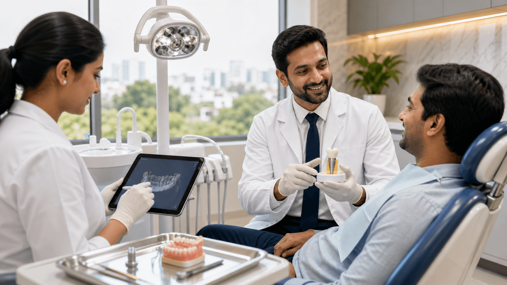 Smiling woman in a dental chair under bright clinic lights, with a tooth implant model and tools in the foreground.